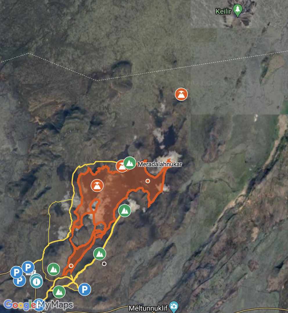 Location of the new eruption site compared to the Mt. Fagradalsfjall eruption site
