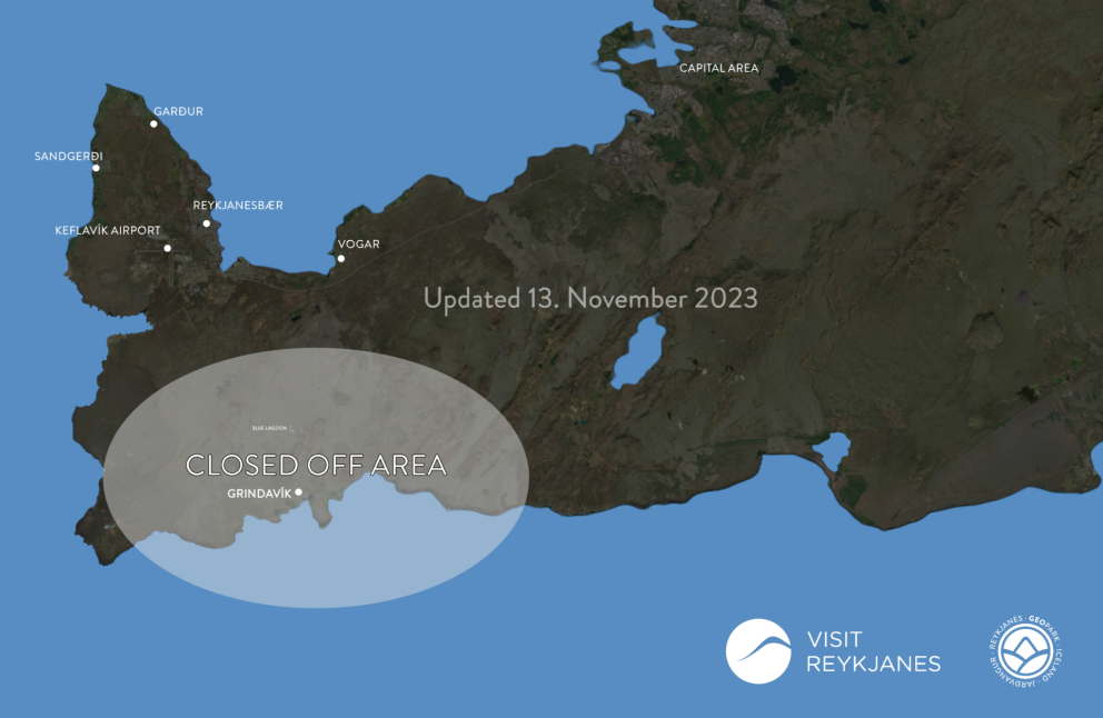 All routes to Grindavík (43, 427 and 425) are closed.