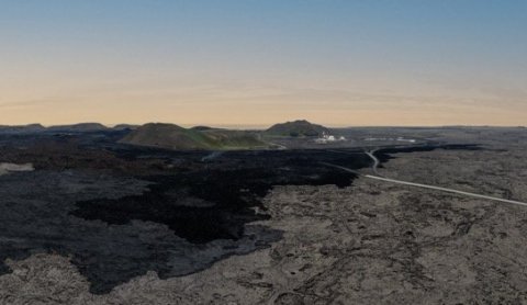 Yfirlitsmynd yfir hluta áhrifasvæðis eldgosanna við Sundhnúk. Grindavík og Bláa lónið í bakgrunni. M…